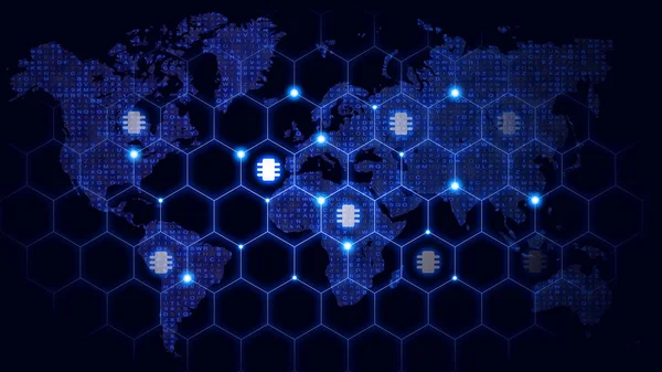 IOT netværk, der dækker verdenskortet med glødende chip symboler - Stock-foto