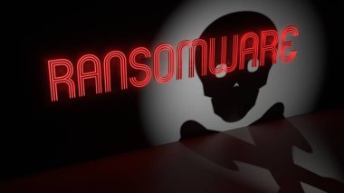 Ransomware neon tabela karanlık bir duvar ve bir spot ışığı