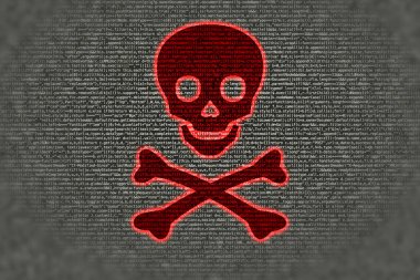 Ransomware kavramı kırmızı kafatası üzerinde gri computercode