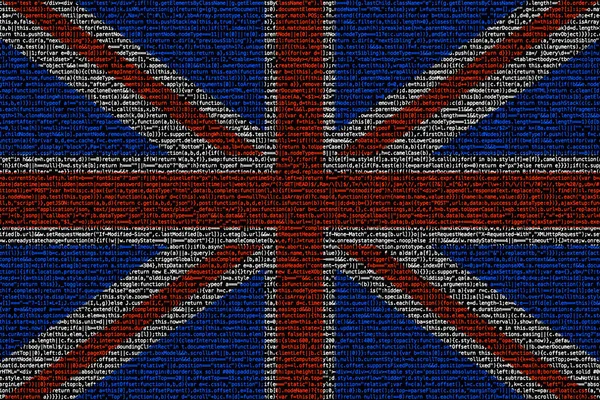 British flag composed of dense computer code cybersecurity conce — Stock Photo, Image