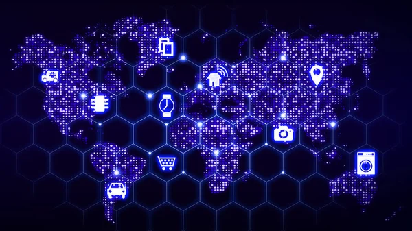 IOT mappa del mondo esagono griglia internet delle cose concetto — Foto Stock