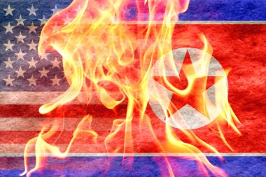 Amerikan bayrağı önünde ateş içine solma Kuzey Kore bayrağı