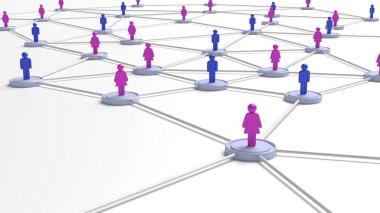 Beyaz sosyal şebeke üzerinde birbirine bağlı platformlarda duran insanlar