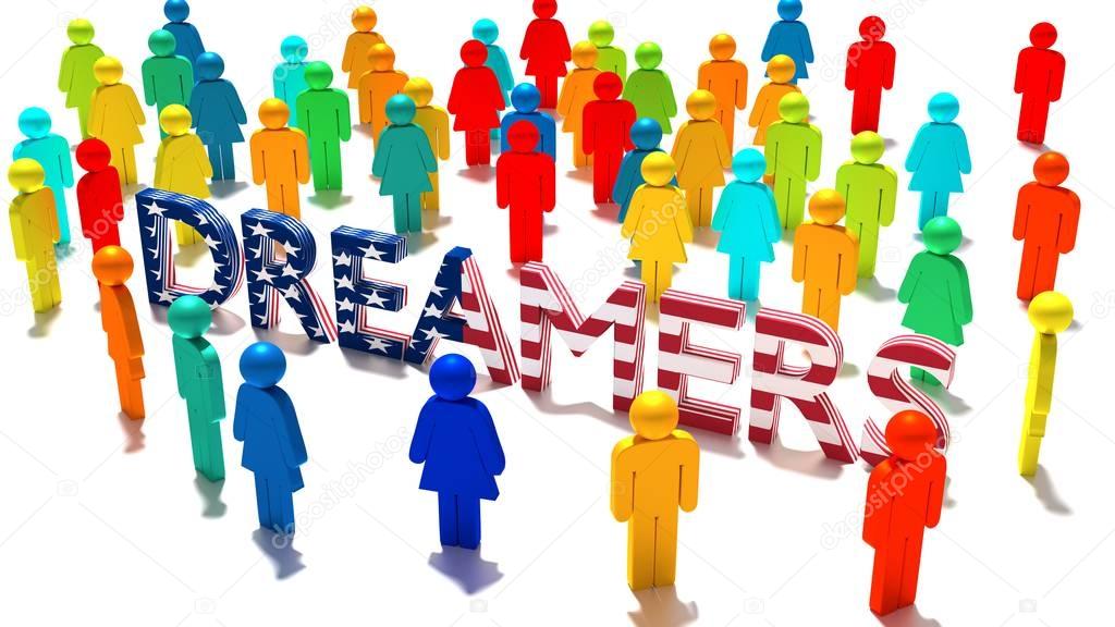 The word dreamers with an american flag texture surrounded by a 