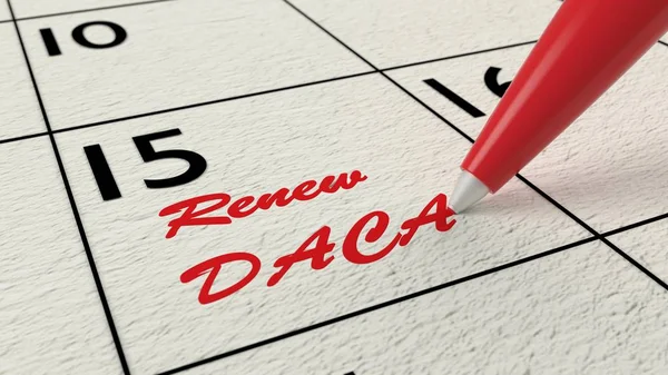 Calendario donde un bolígrafo rojo escribe un recordatorio para renovar DACA — Foto de Stock