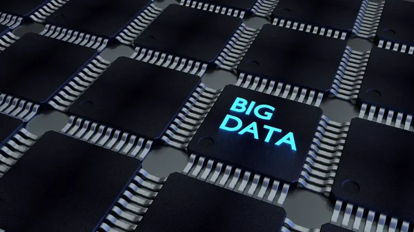Gloeiende grote data van blauwe word op een cpu in een zwarte chip-netwerk — Stockfoto