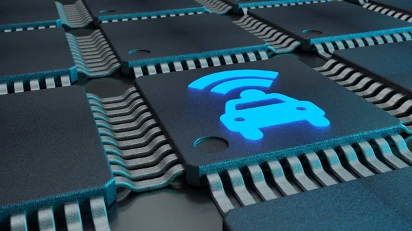 Fechar as CPUs conectadas com um carro brilhante e símbolo wifi — Fotografia de Stock