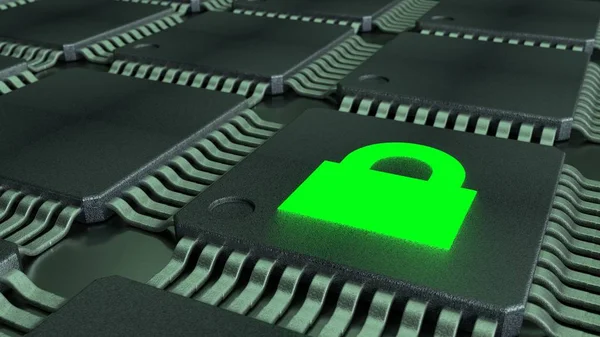 CPUS and a green padlock symbol glowing cybersecurity of interne — Stock Photo, Image