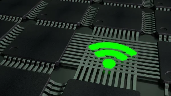 接続している Cpu と wi に輝く緑の wifi シンボルのグリッド — ストック写真