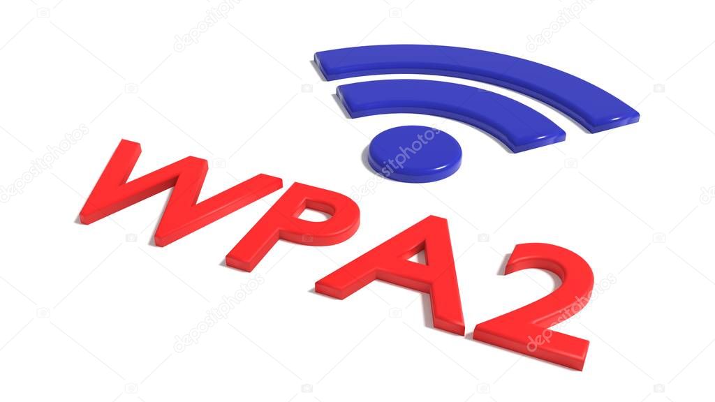 Red word WPA 2 network encrytion and a blue wifi symbol on white