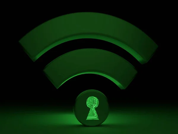 Símbolo wifi oscuro con brillante ojo de cerradura verde concepto de puerta trasera —  Fotos de Stock