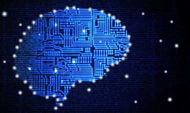 Mavi beyin şekil bilgisayar önünde devre kartı tekstürlü