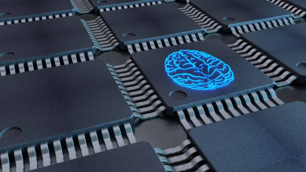 CPU raster met een symbool van de hersenen op top machine learning concept — Stockfoto