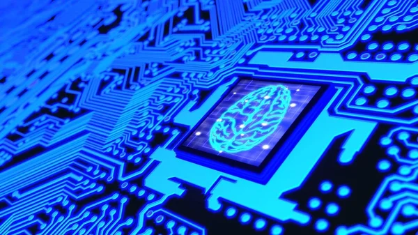 Синя світиться плата і процесор з символом мозку зверху — стокове фото