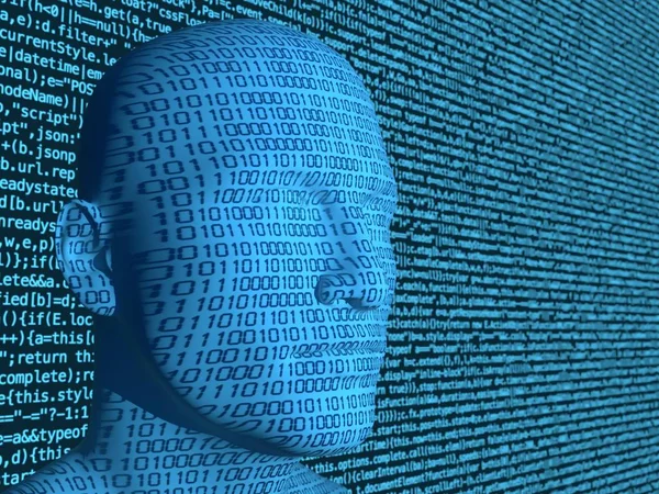 Codice binario proiettato su una testa blu davanti a un codice informatico — Foto Stock