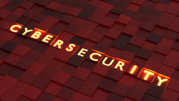 Gul glødende bogstaver i ordet cybersecurity på toppen af diffe - Stock-foto