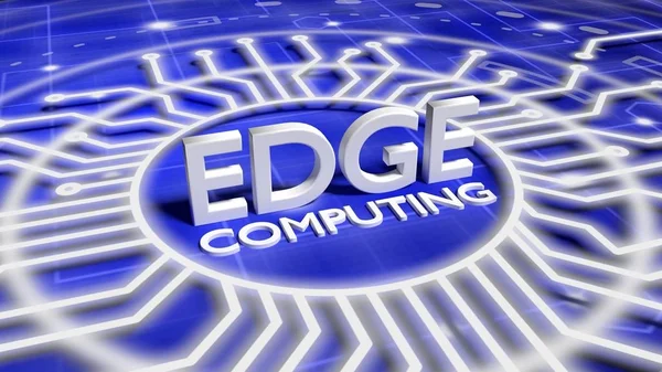 Das Wort Edge Computing auf einer blauen Netzwerkoberfläche, umgeben von — Stockfoto