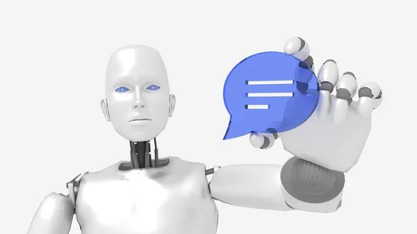 Chatbot κρατώντας ένα σύμβολο φούσκα ομιλία θηλυκό ρομπότ — Φωτογραφία Αρχείου