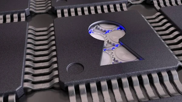 Chip com uma abertura de fechadura revela mecanismo de engrenagens azuis — Fotografia de Stock