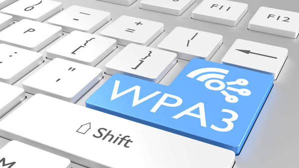 Белая клавиатура с синей клавишей ввода и текстом WPA3
