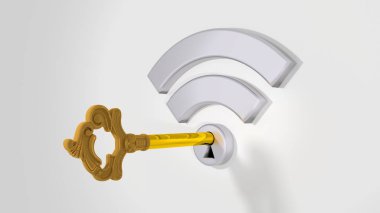 Gri wifi sembolü beyaz bir duvar ve bir altın anahtar bir anahtar deliği ile
