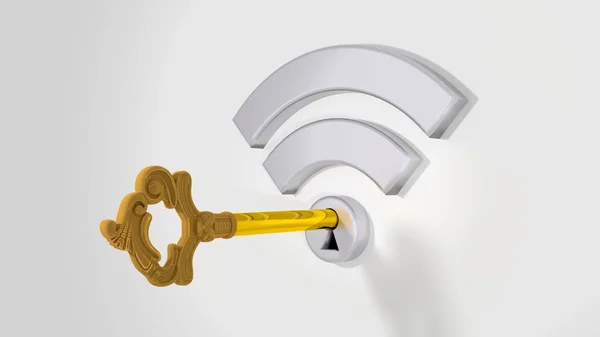 Сірий символ Wi-Fi з замковою щілиною на білій стіні і золотим ключем — стокове фото