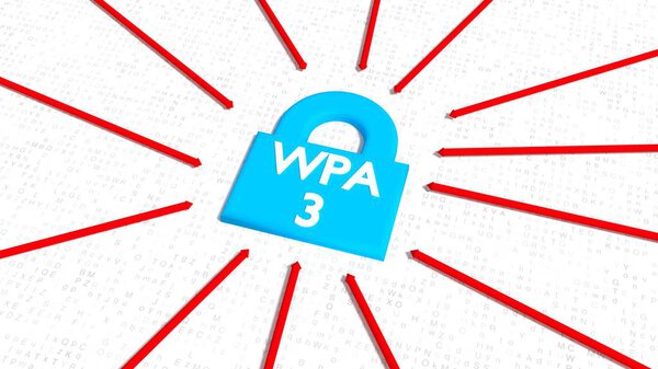 Синий замок с белым словом wpa3 и красными стрелками
