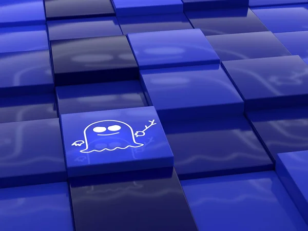 Símbolo espectral flutuando sobre um cubo azul refletindo aleatoriamente terras — Fotografia de Stock