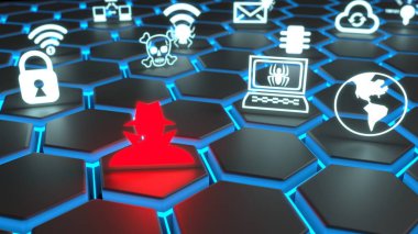Siyah parlak altıgen ızgara 3d illüstrasyon kırmızı hacker ve üzerinde yüzen beyaz güvenlik sembollerini