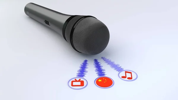 Svart Mikrofon Avger Blå Soundwaves Leder Till Obs Och Kinesisk — Stockfoto