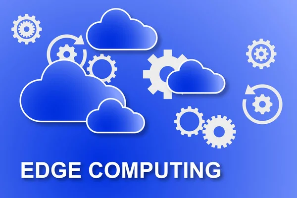 Edge computing illustration with blue clouds and white gears