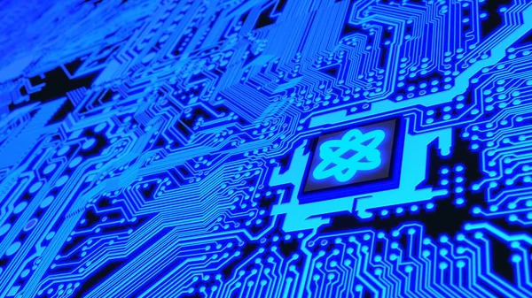 Circuito stampato in blu con chip e simbolo molecolare quantistico — Foto Stock