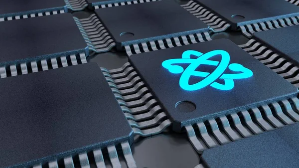 Rejilla de chips negros con un símbolo de átomo azul quantom computing co — Foto de Stock