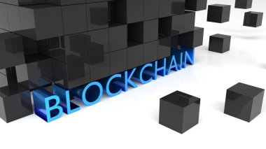 Şişman mavi metalik mektuplardan çevrili kelime blockchain gösterilen