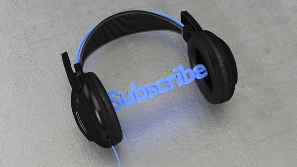 Black headphone with the blue word subscribe between the ear pieces — 스톡 사진