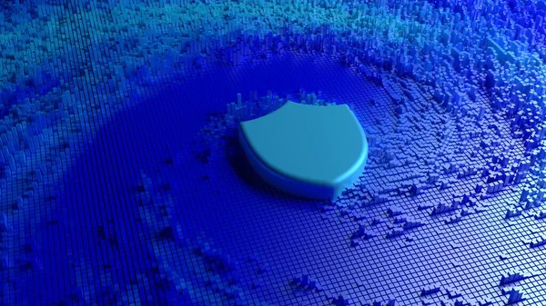 Blauw schild op een cirkelvormig kubisch landschap cybersecurity Rechtenvrije Stockafbeeldingen