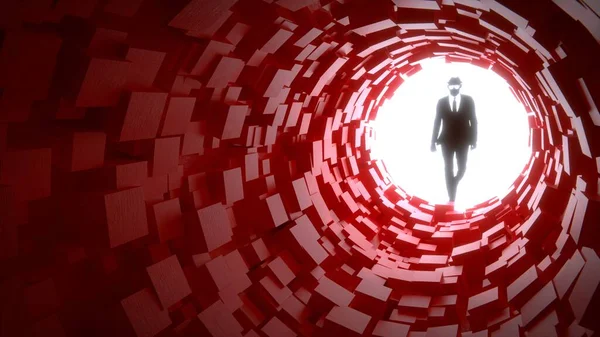 Hacker entering a red cubic tunnel cybersecurity concept — 스톡 사진