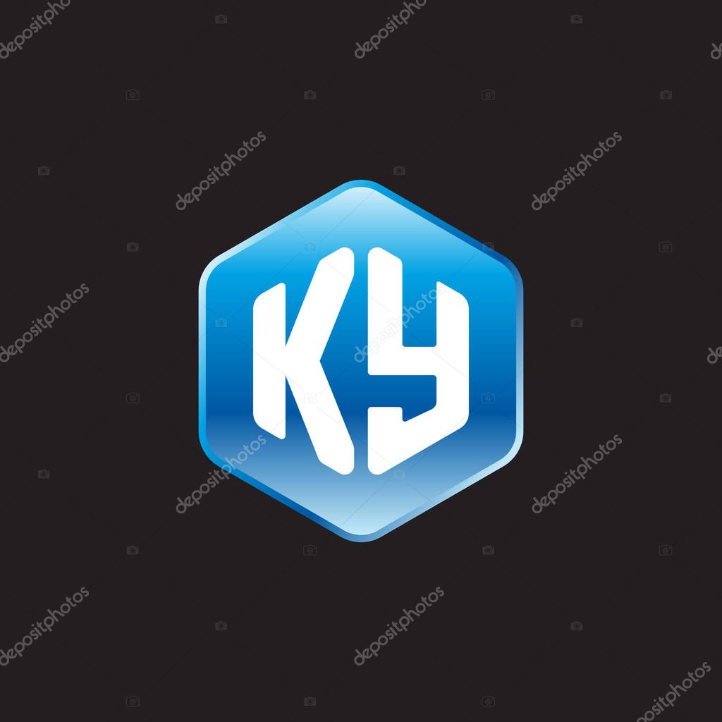 Initial white letters ky on blue sign  on black background