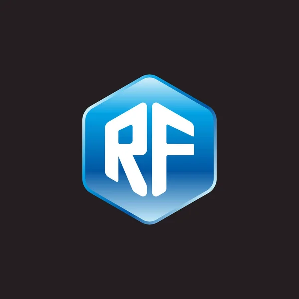 Letras blancas iniciales rf sobre el signo azul sobre fondo negro — Vector de stock