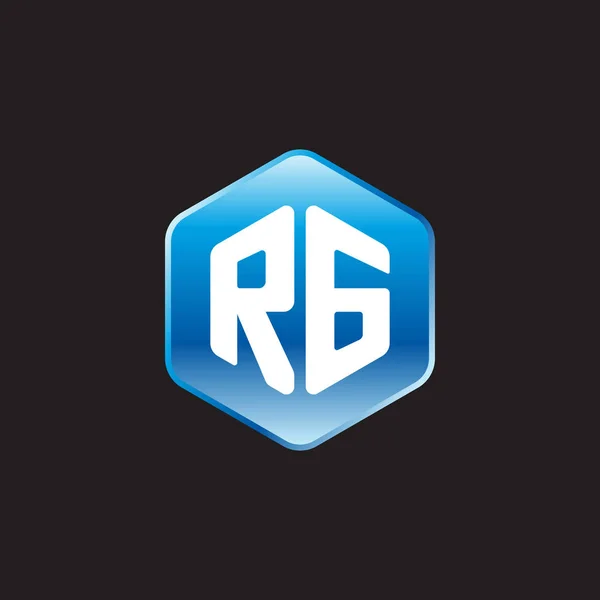 Letras blancas iniciales rg sobre el signo azul sobre fondo negro — Vector de stock