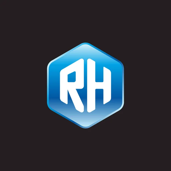 Letras blancas iniciales rh sobre el signo azul sobre fondo negro — Vector de stock