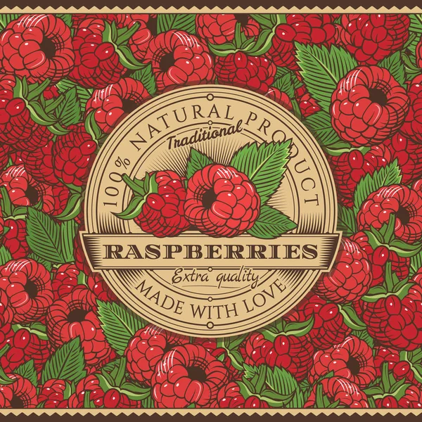 Vintage Raspberries Label On Seamless Pattern — Stock Vector