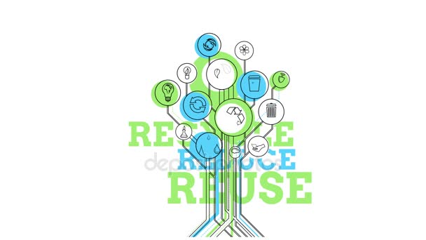 Árbol de iconos ecológicos. Reciclar, Reducir, Reutilizar. 4K — Vídeo de stock