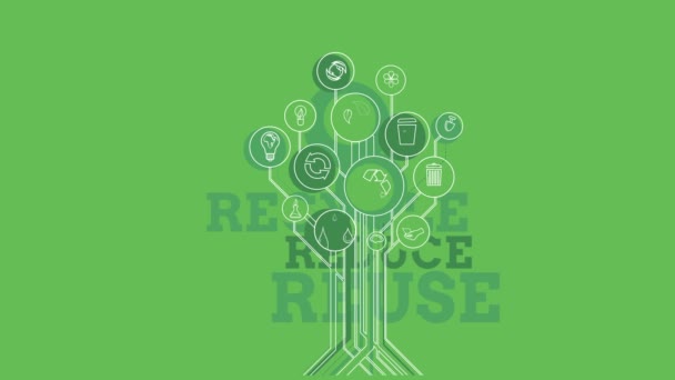 Árbol de iconos ecológicos. Reciclar, Reducir, Reutilizar. 4K — Vídeo de stock