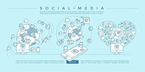 Social Media Azul ilustração linear — Vetor de Stock