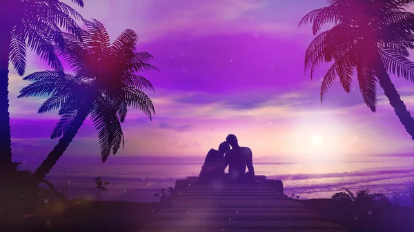 Pareja romántica se encuentra con la puesta de sol por el océano —  Fotos de Stock