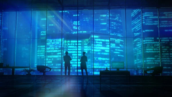 Silhouettes In An Office Building Against Of Skyscrapers — Stock Photo, Image