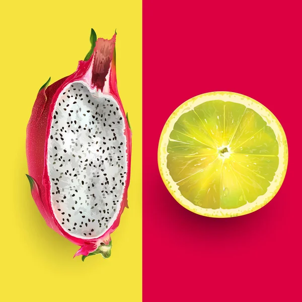 Dragon frukt och citron. Vektorillustration — Stock vektor