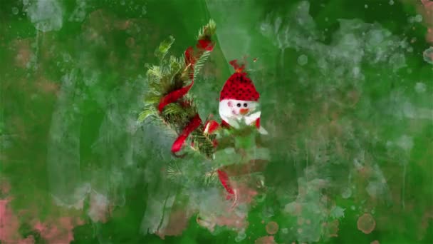 Aquarela decoração de Natal boneco de neve, abeto no fundo de manchas coloridas . — Vídeo de Stock