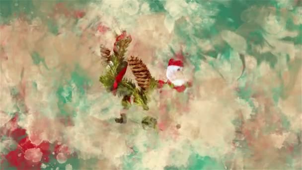 Acquerello abete decorazione di Natale, pupazzo di neve sullo sfondo di macchie colorate . — Video Stock